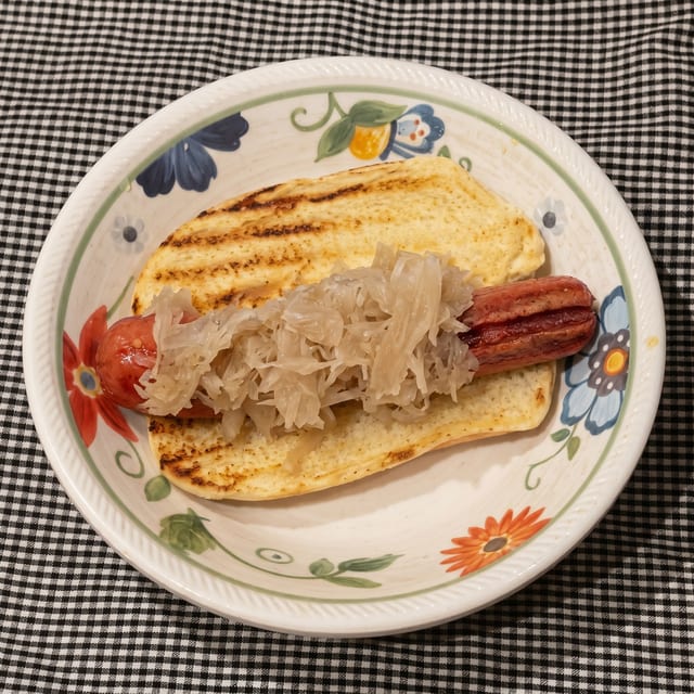 Grilled Beef Hot Dog with Sauerkraut.