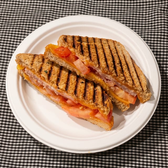 Grilled Cheese with Ham Cheddar and Tomato on Whole Wheat Bread.